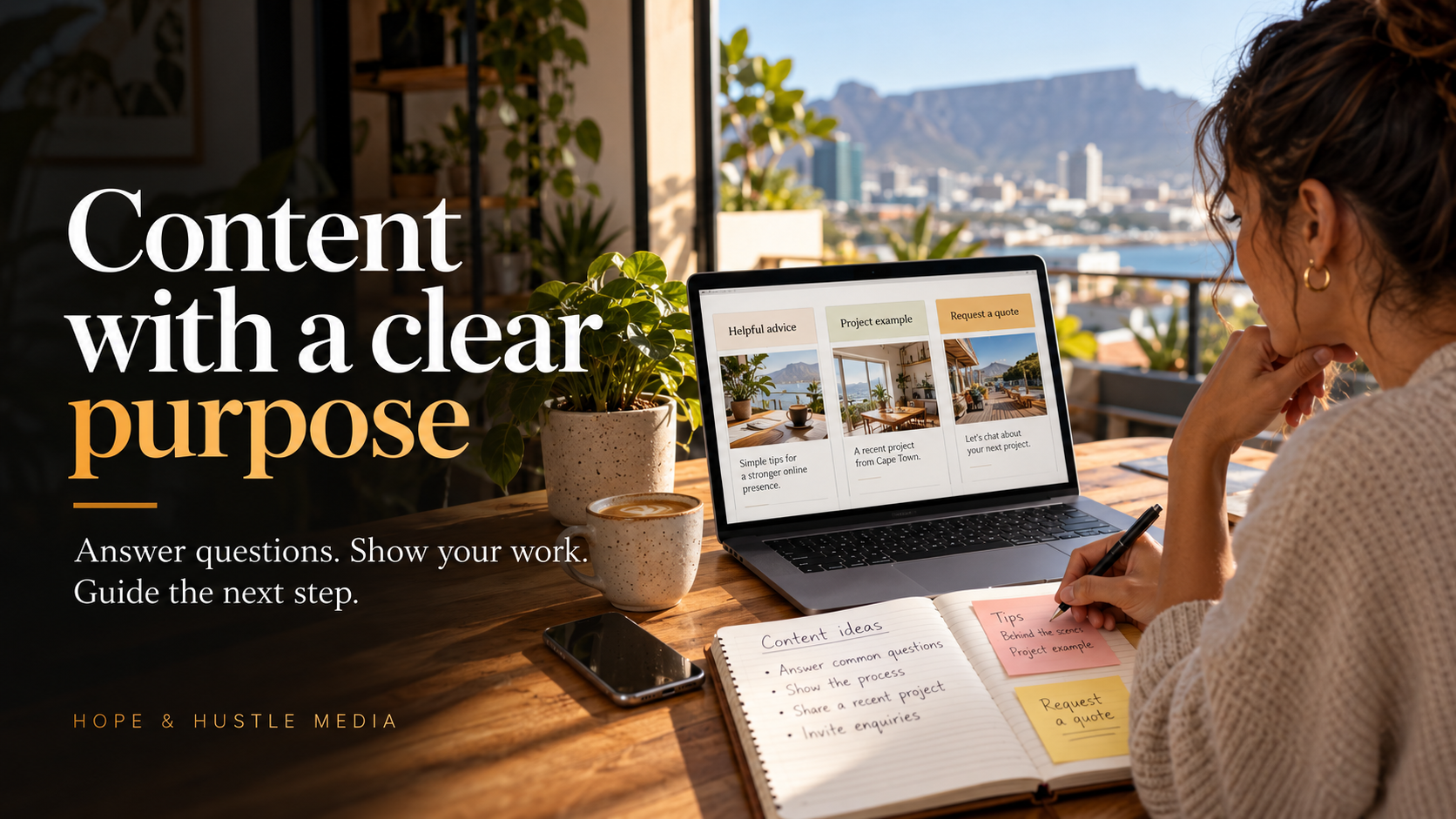 Cape Town business owner planning useful social media content with customer questions, project examples and clear invitations to enquire.