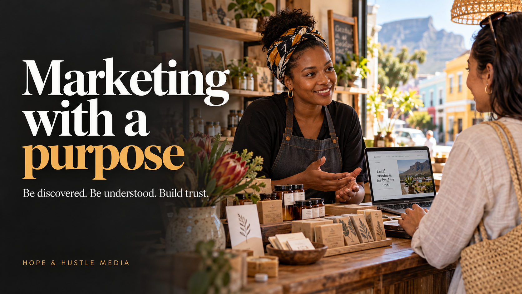 Cape Town shop owner speaking with a customer beside local products and a business website.