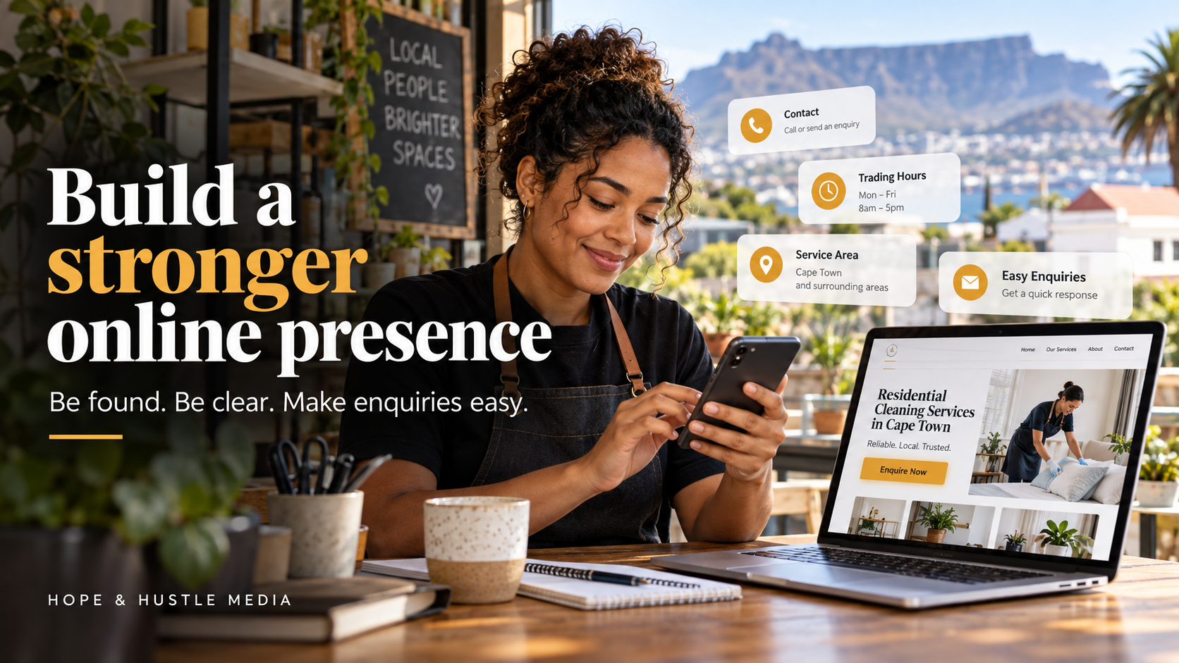 Cape Town business owner using a smartphone beside a website, highlighting clear contact details, trading hours, service areas and easy enquiries.